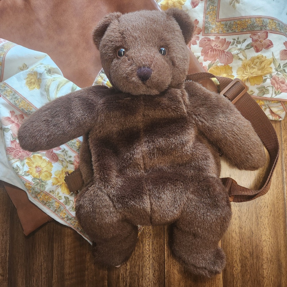 Vintage Brown Plush Teddy Bear Backpack Adjustable Straps Faux Fur Bag